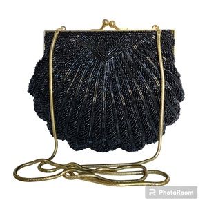 Black Beaded Satin Gold Snake Chain Evening Bag Clutch